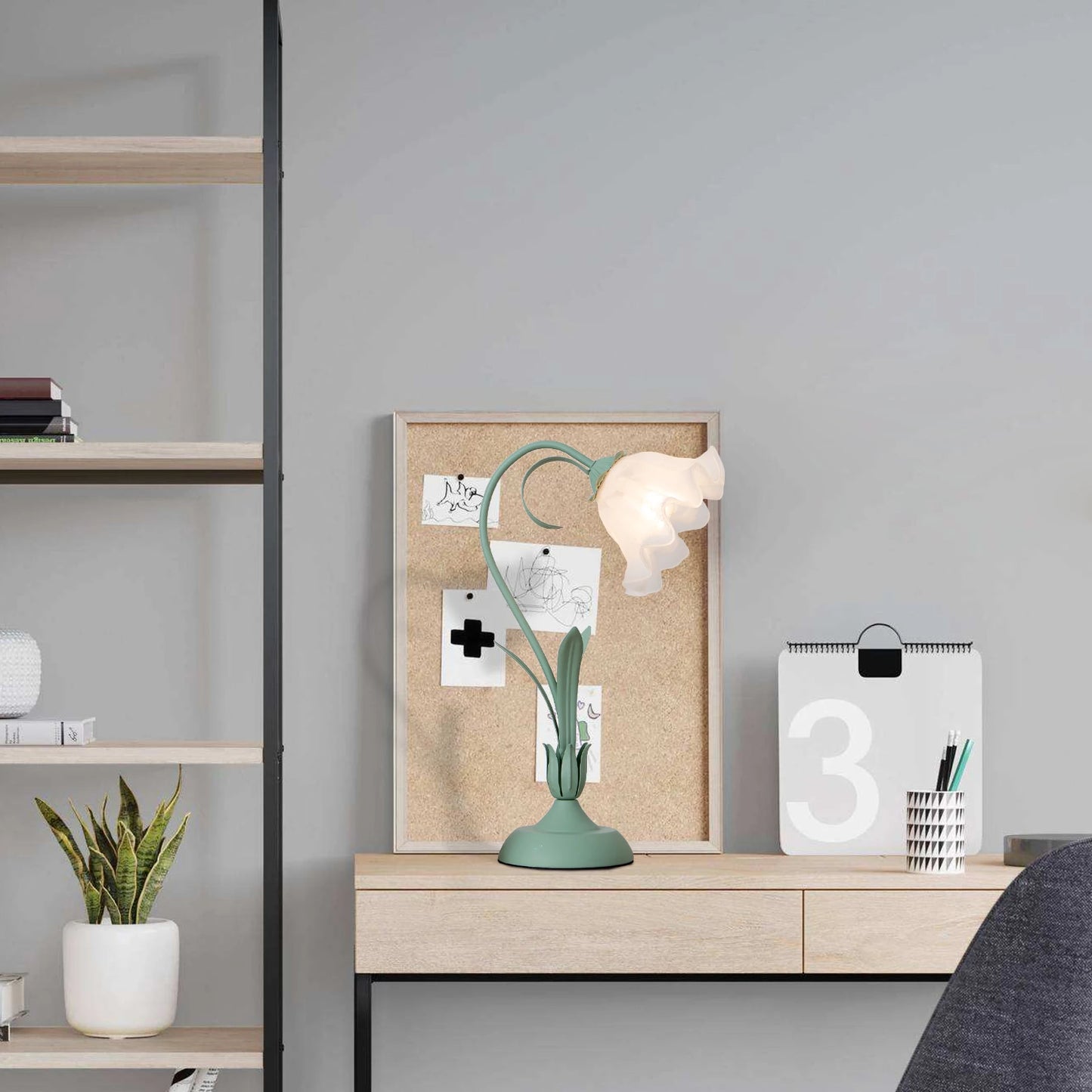 Durable Table Lamp, Green Floral Design, Iron & Glass Construction, E26 Light Source (Not Included), Perfect for Relaxing