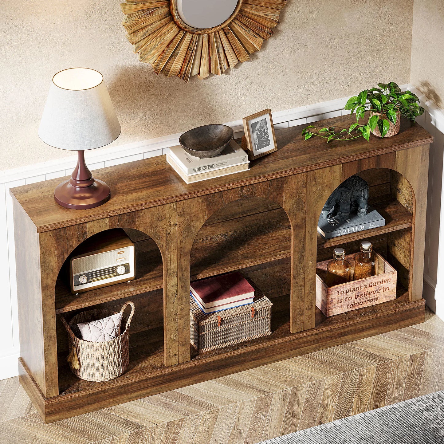 Tribesigns Farmhouse Console Table With 3 Tier Storage Wooden Design