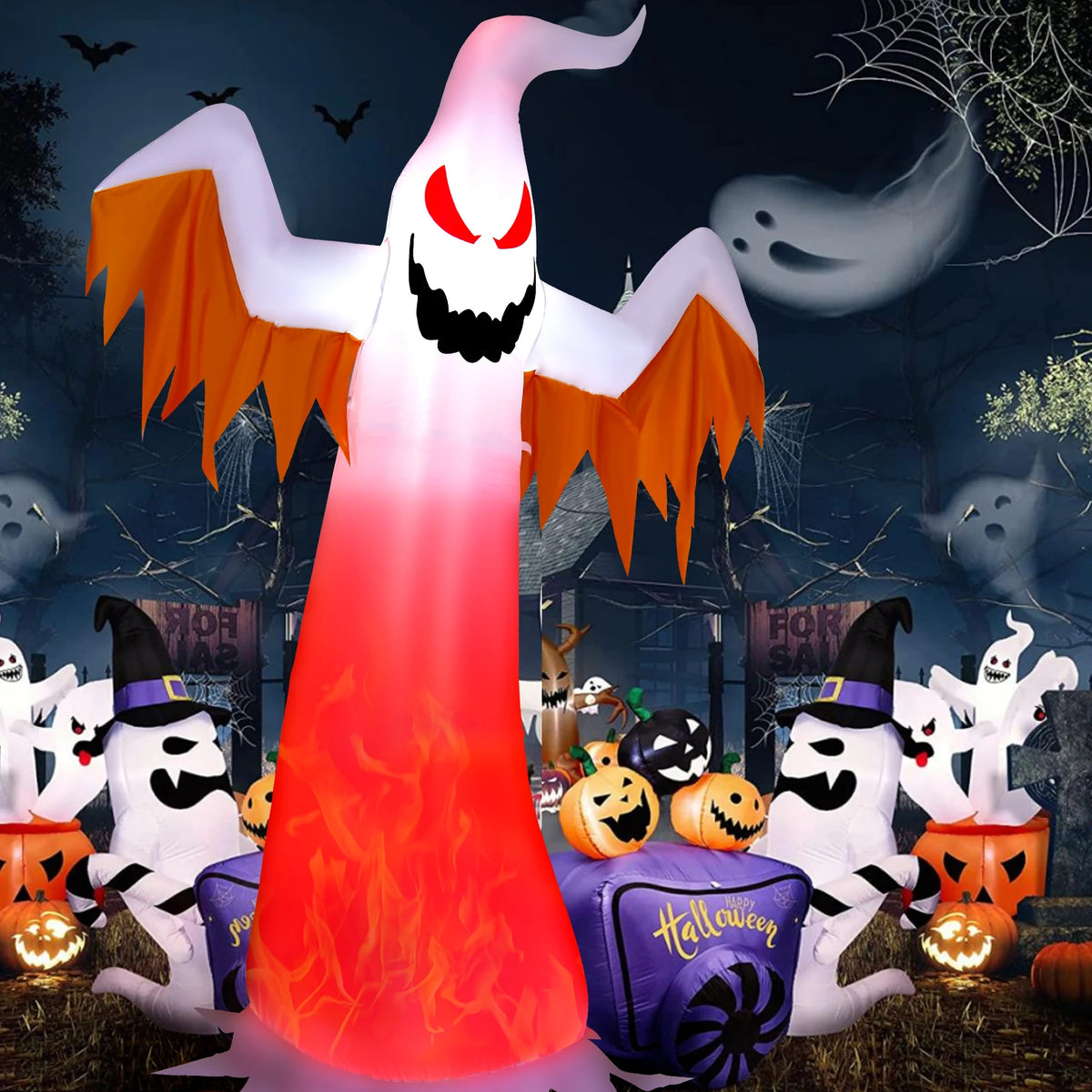 LIFEZEAL Halloween Inflatable Ghost With Rotating Flame LED Lights