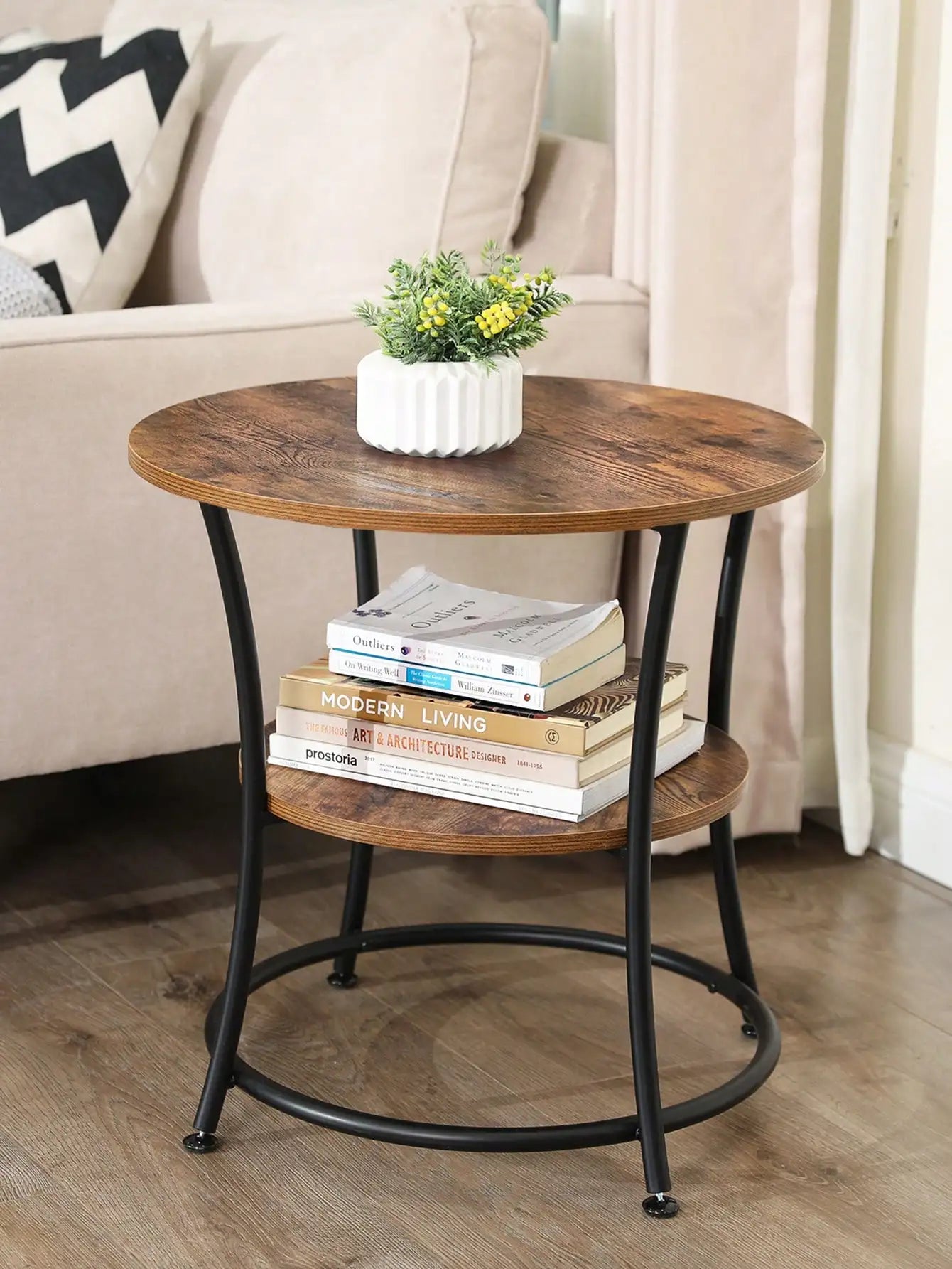 Round End Table With Steel Frame And Two Shelves For Living Rooms