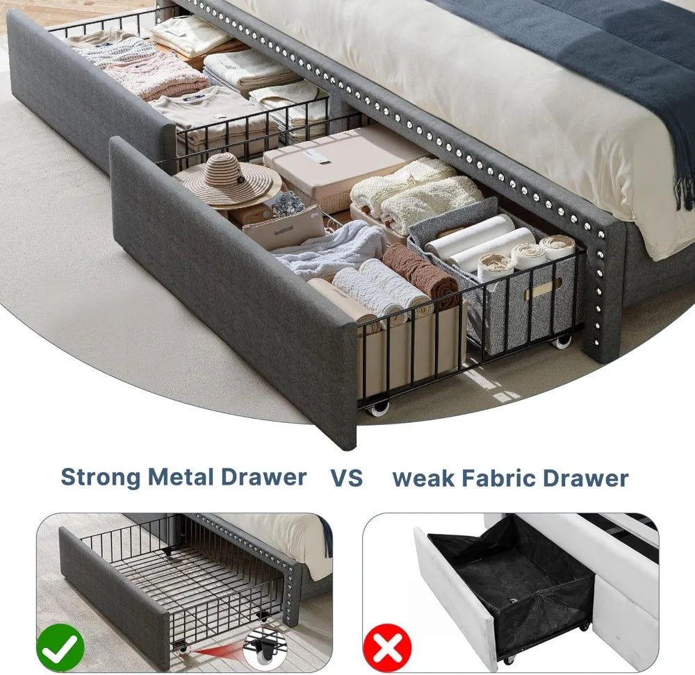 King Platform Bed Frame With Storage Drawers And Headboard Shelf