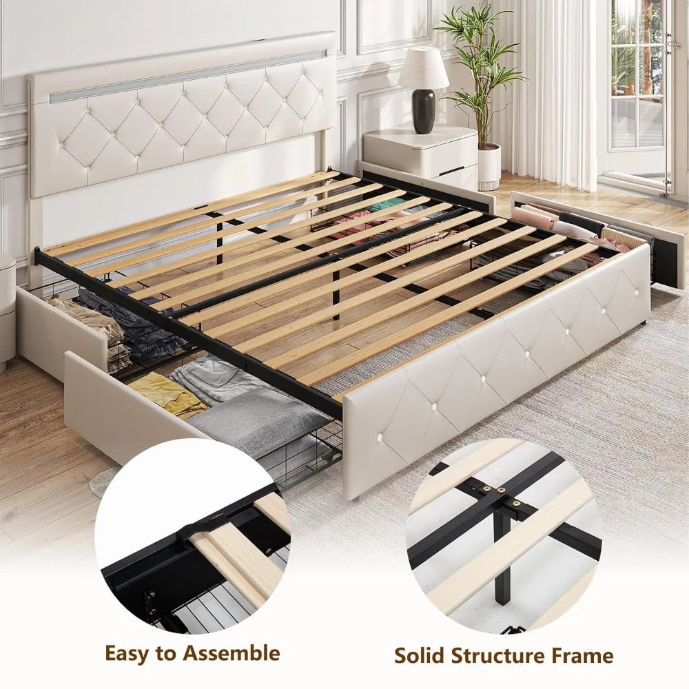 Bed Frame With Drawers LED Light USB Charge Station