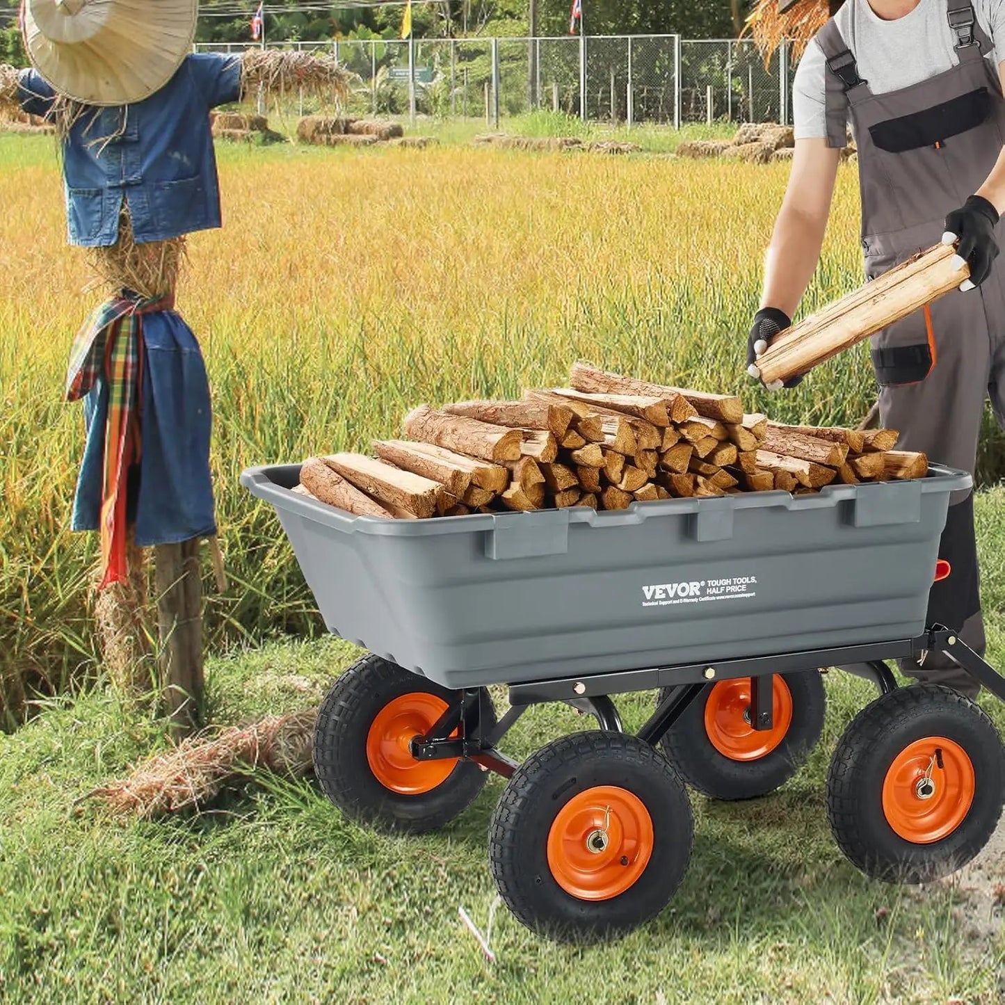 XMSJ Garden Dump Cart With 2 In 1 Convertible Handle And All Terrain Wheels