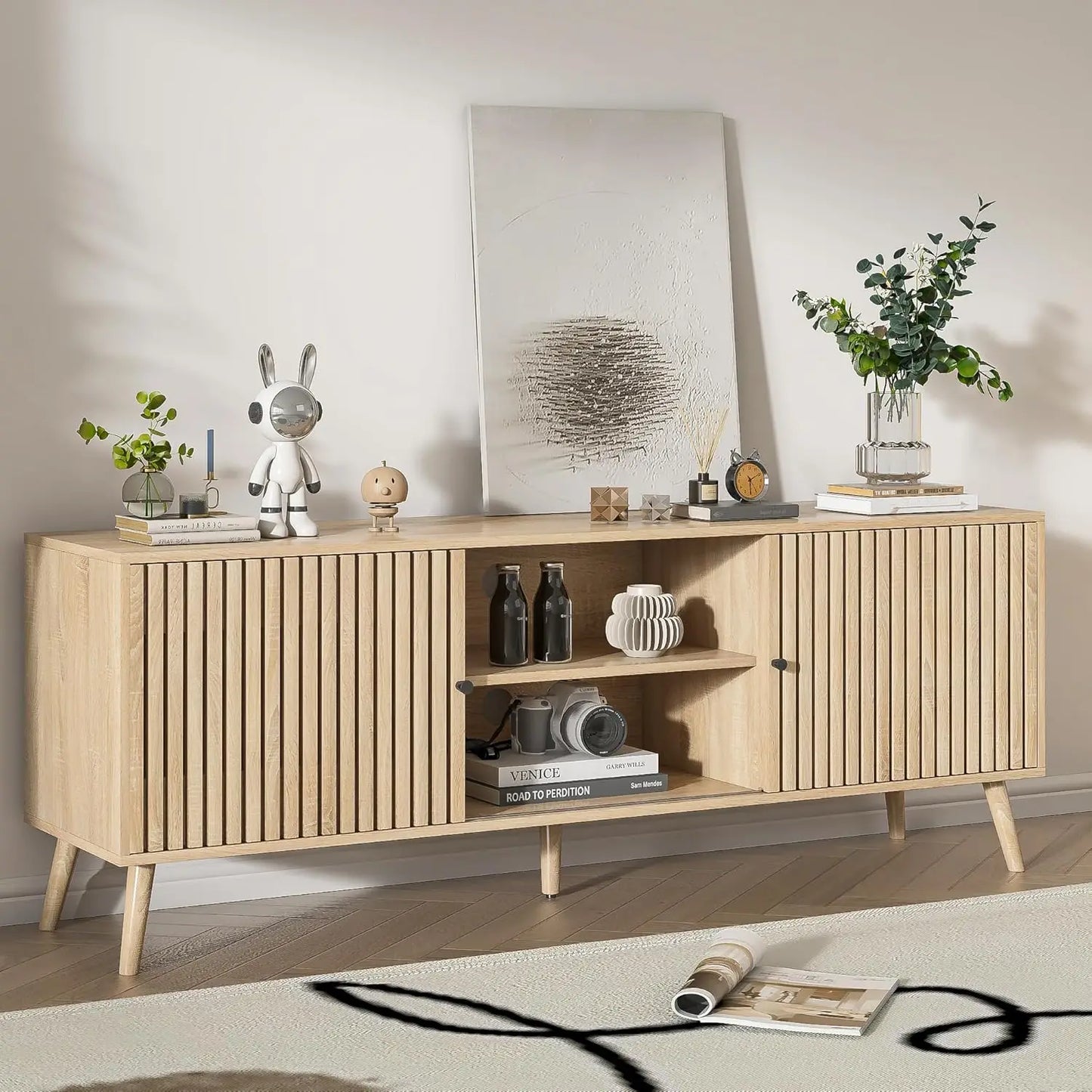 Mid Century Modern TV Stand With Sliding Doors And Storage