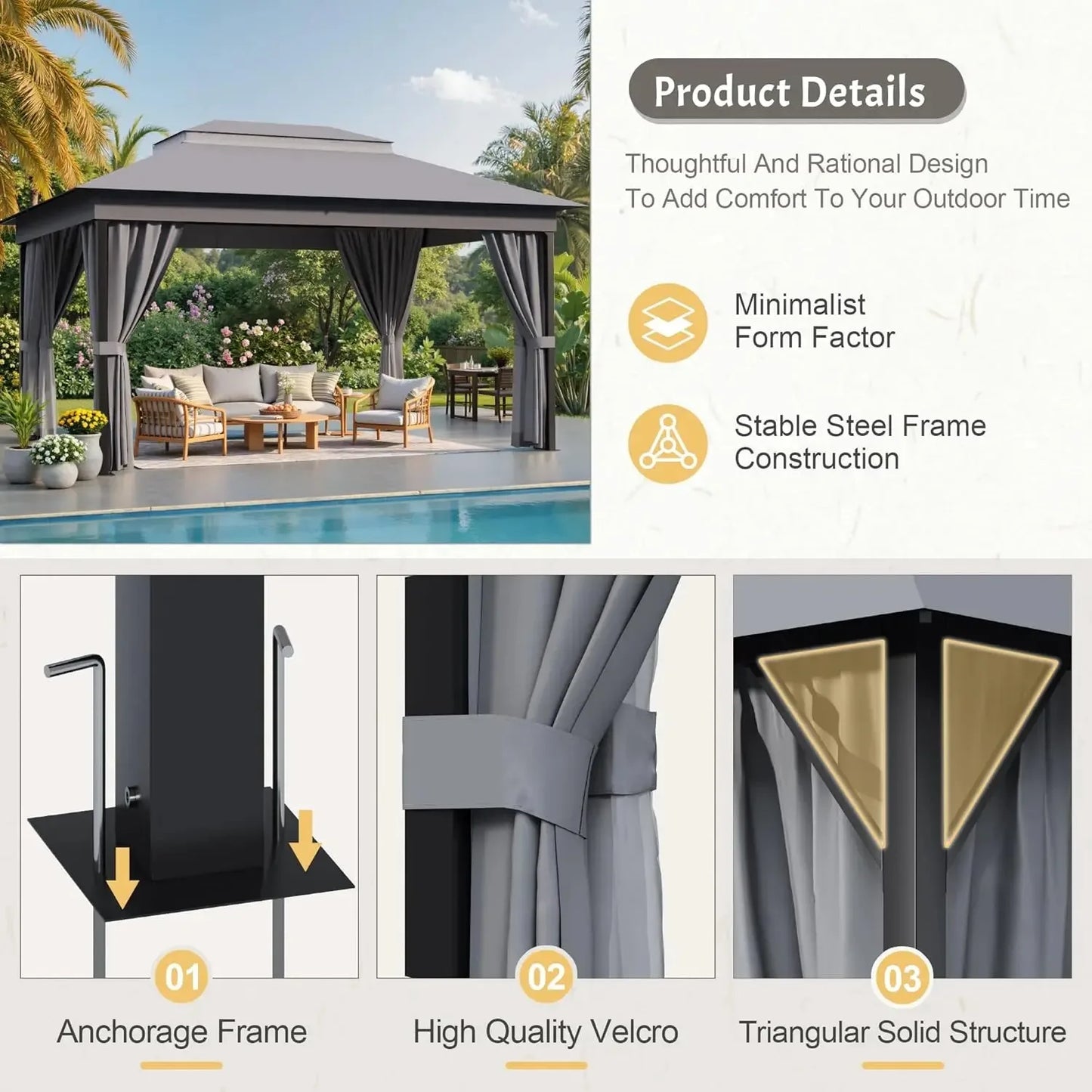 Outdoor Gazebo Canopy With Heavy Duty Metal Frame Mosquito Net