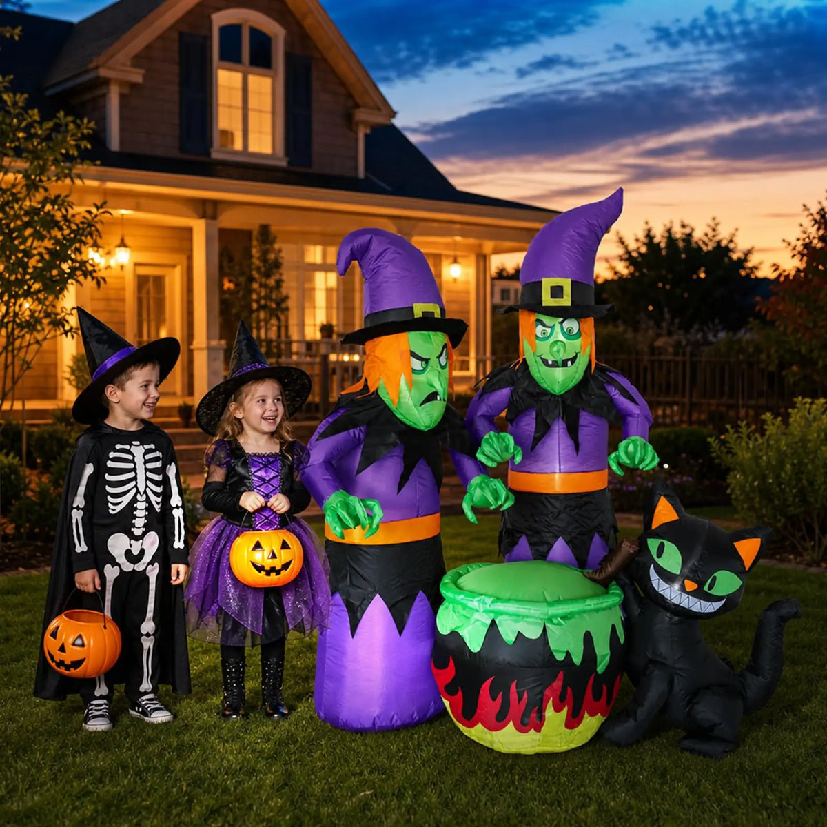 HiMISS Halloween Inflatable Witch Sisters And Black Cat Cauldron Decor