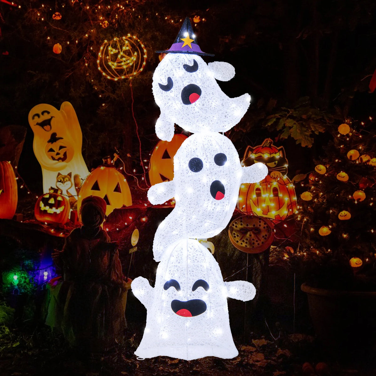 LIFEZEAL Outdoor Stacked Ghost Halloween Decorations With Built In LED Lights