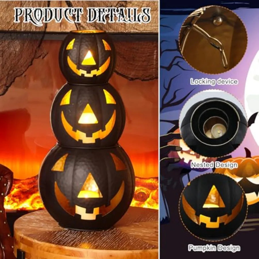 Halloween Metal Jack O Lantern Decor Set With LED Candles