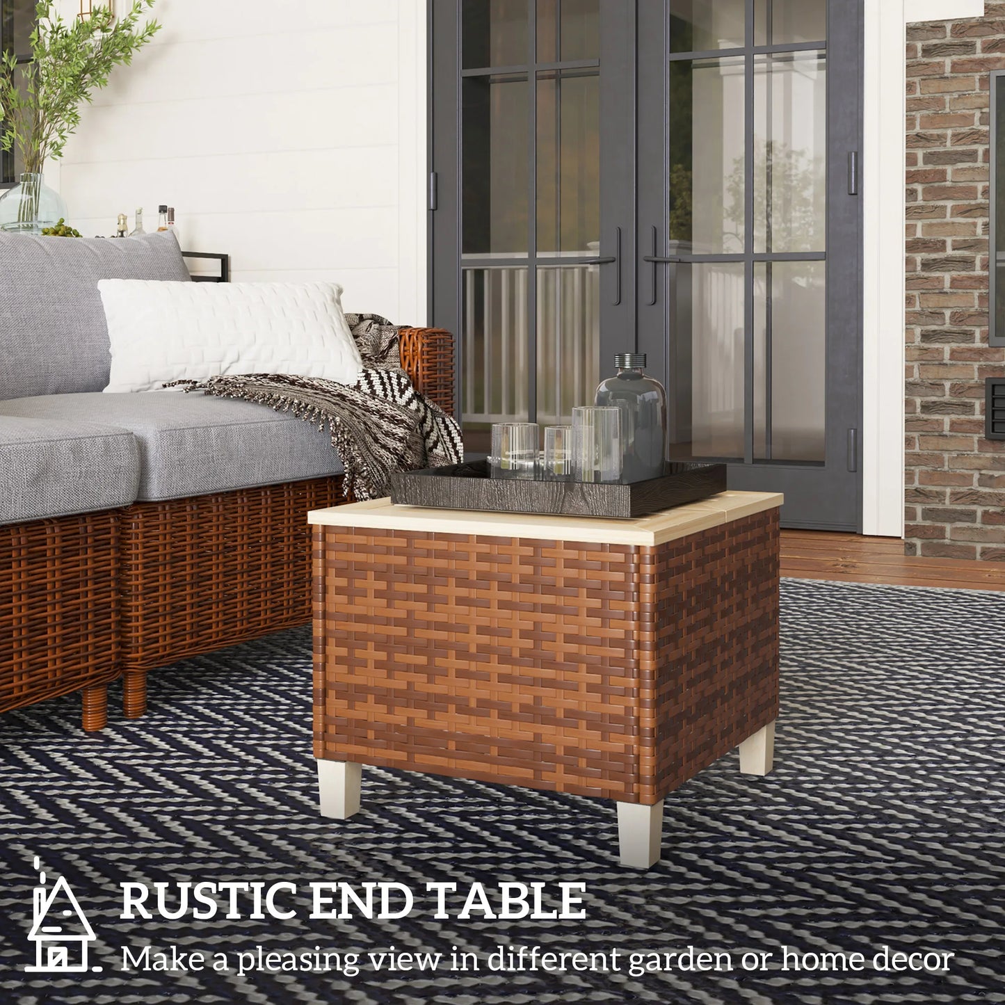 Outdoor Side Table With PE Rattan And Wood Top Patio