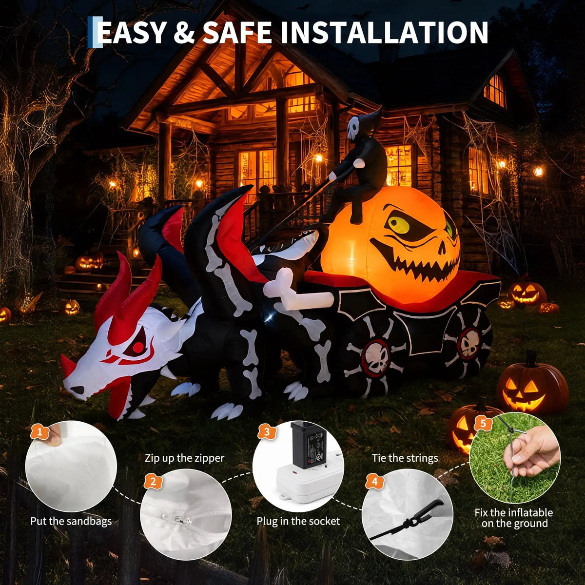 HiMISS Grim Reaper Dragon Carriage Halloween Inflatable Yard Decoration
