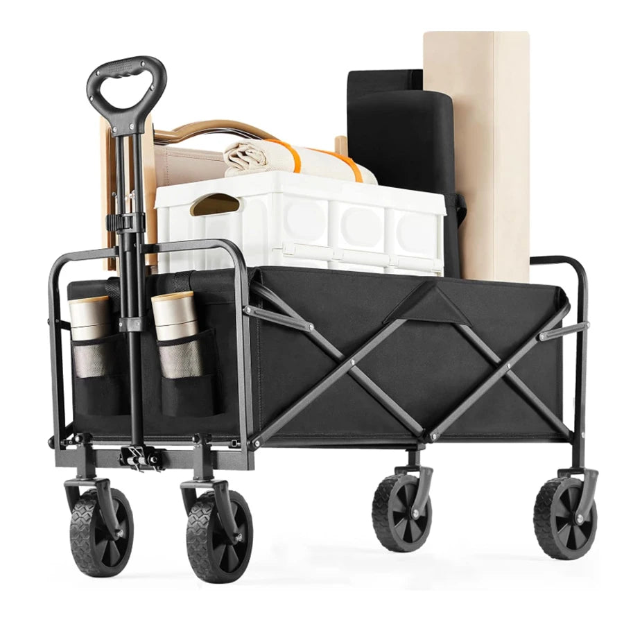 Foldable Utility Wagon With All Terrain Wheels And Drink Holders