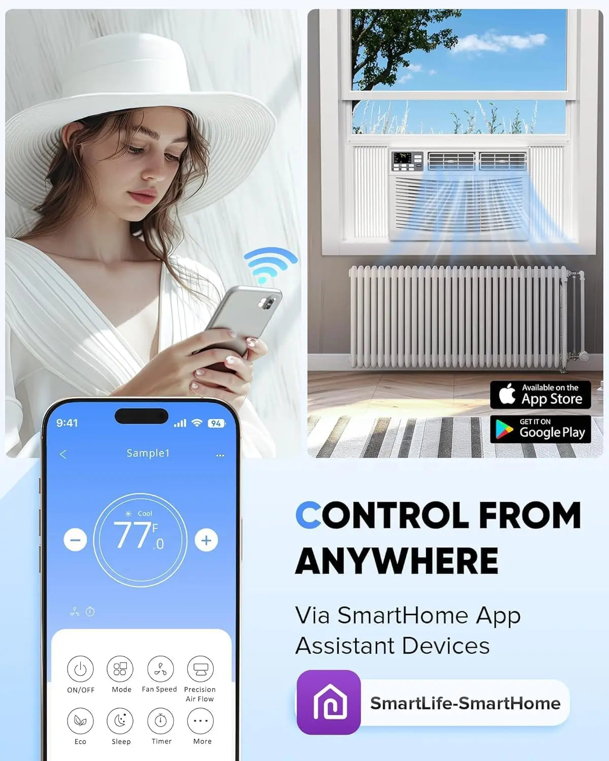 8000 BTU 3-in-1 AC Unit Window Air Conditioner with WiFi Ultra Quiet Remote Energy Efficient Cooling for Rooms up to 350 Sq. Ft.