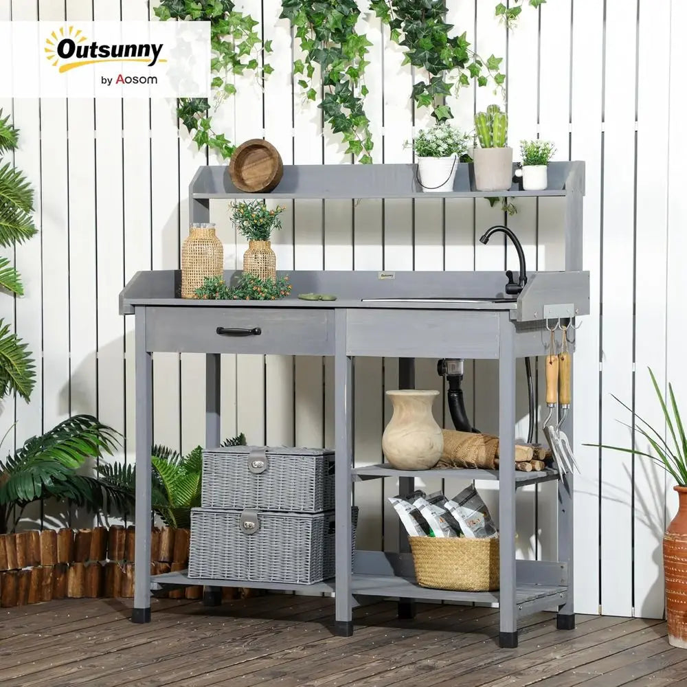 Outdoor Wooden Garden Workbench With Detachable Sink, Faucet, Storage, And Hooks