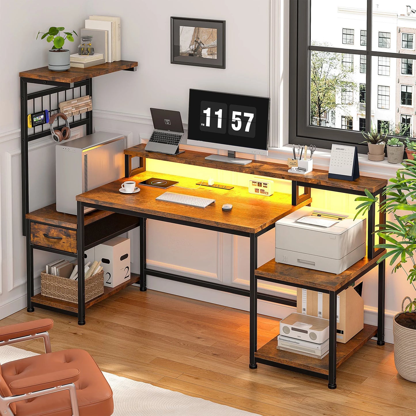 EnHomee 55 Inch Gaming Desk With Power Outlets And Storage
