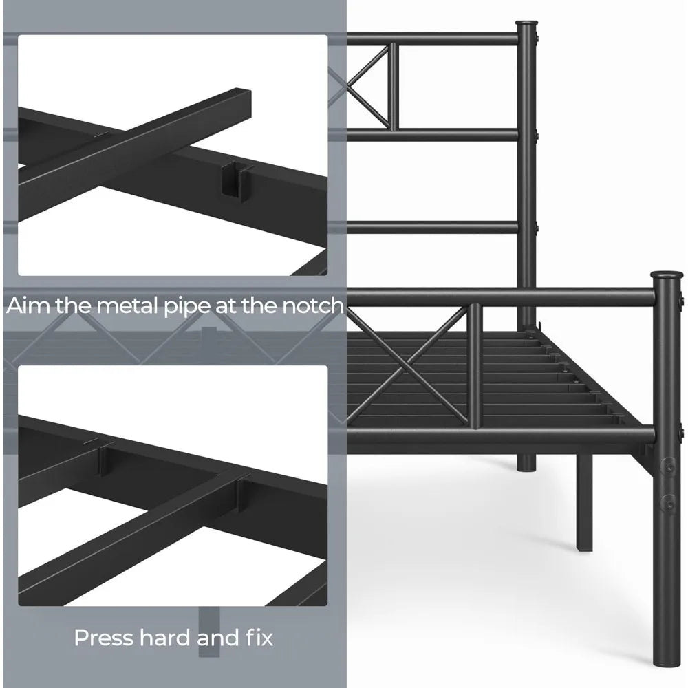 Queen Size Metal Platform Bed Frame with Simple Headboard and Footboard, Mattress Foundation for Under Bed Storage, St
