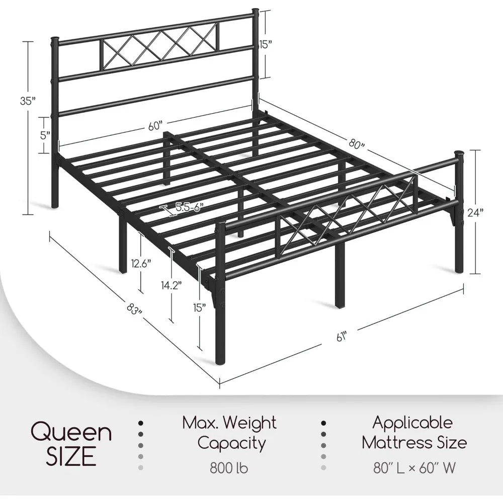 Queen Size Metal Platform Bed Frame with Simple Headboard and Footboard, Mattress Foundation for Under Bed Storage, St