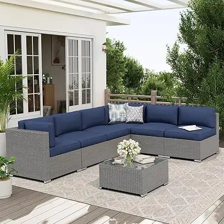 Outdoor 7 Piece Patio Sofa Set Glass Top Table Cushions