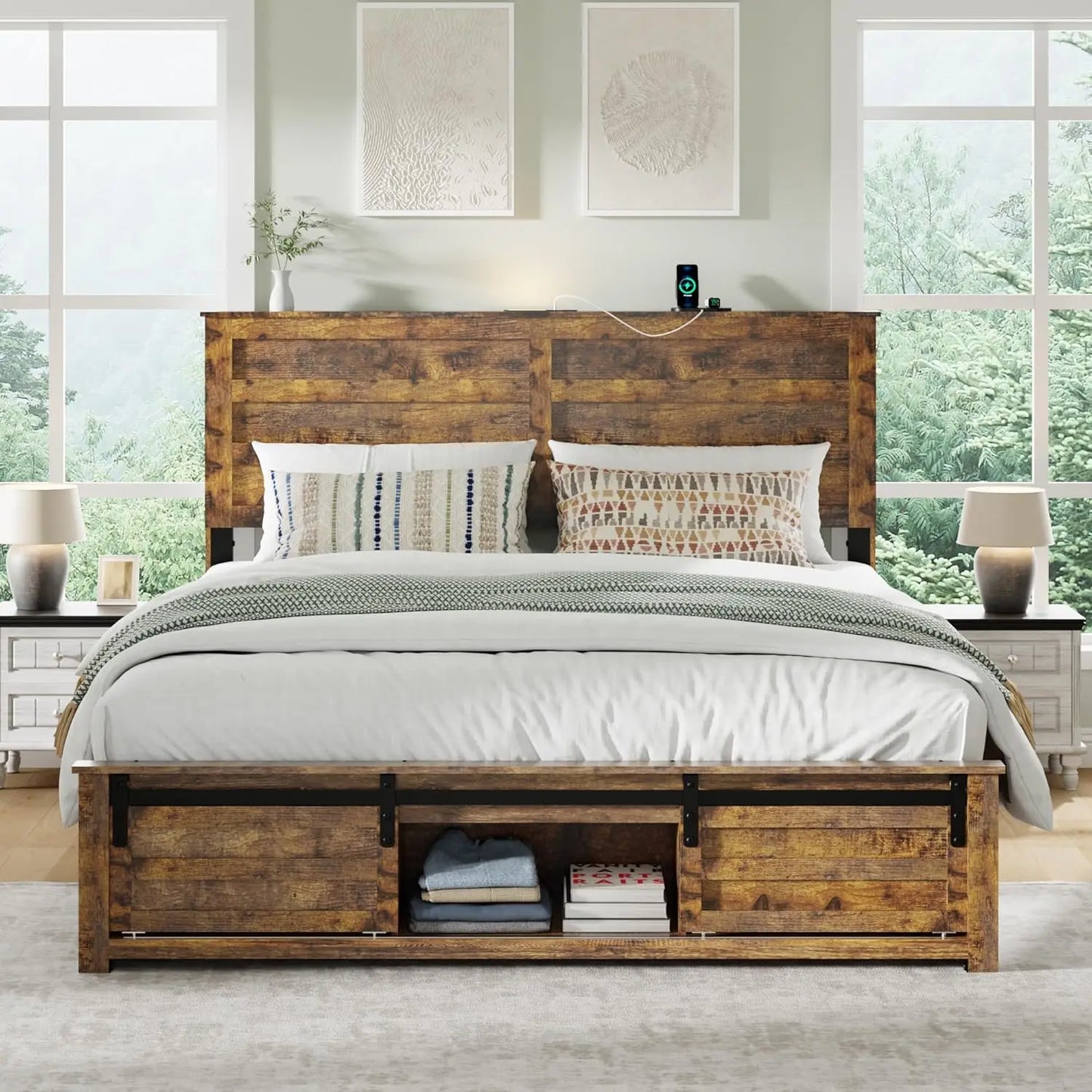 Bed Frame With Wooden Headboard And Sliding Barn Door Footboard