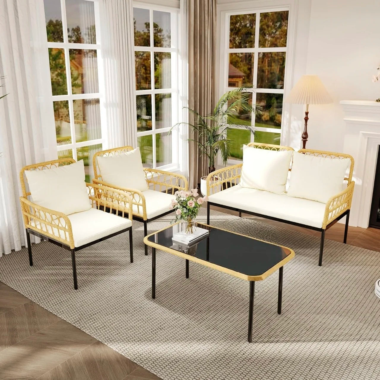 4-Piece Patio Furniture Set, Outdoor Wicker Rattan Chairs with Glass Table, Outside Bistro Set with Removable Cushions, Modern R